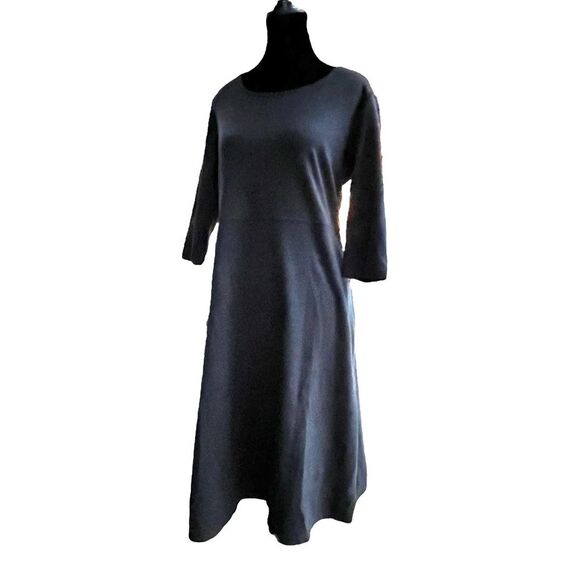 J. JILL Black Midi Dress with Scoop Neck A-Line Skirt 3/4 Sleeve Size Medium - Picture 1 of 7